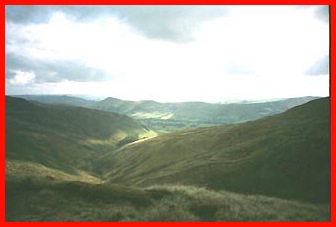 Looking from Kinder towards Grindsbrook Clough, the Edale Valley and the Great Ridge.